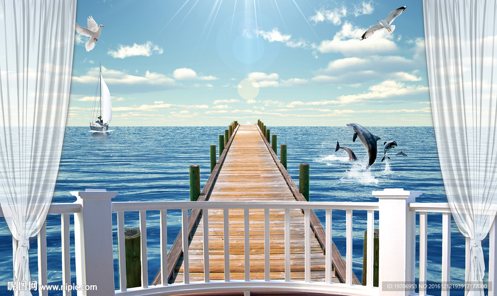 3D窗帘海滩电视背景墙