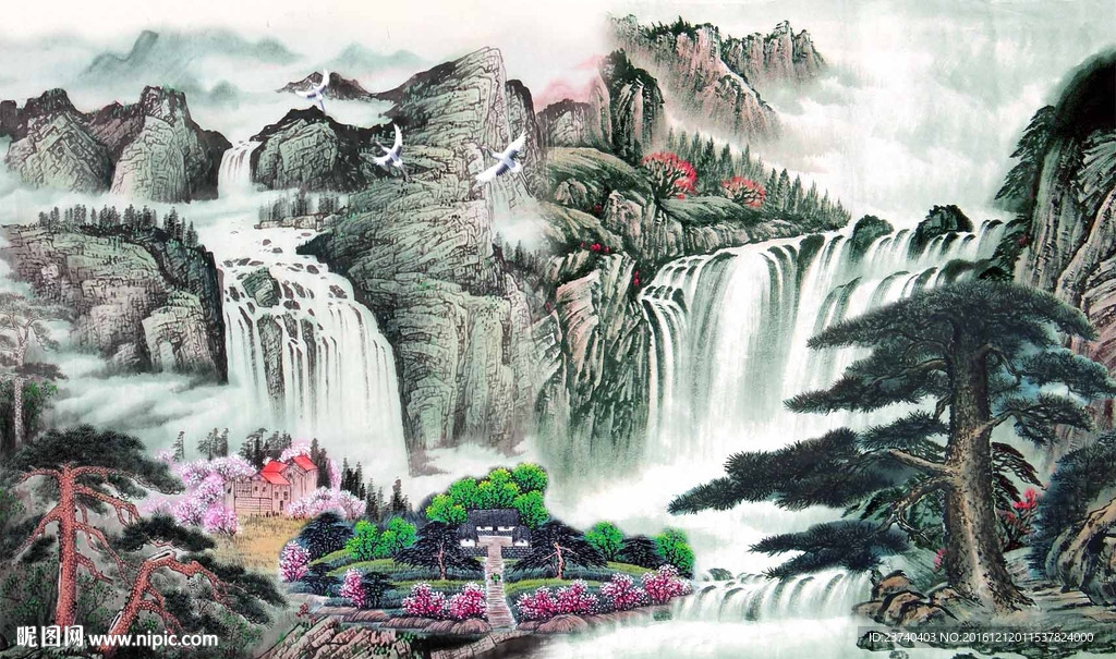 国画山水迎客松