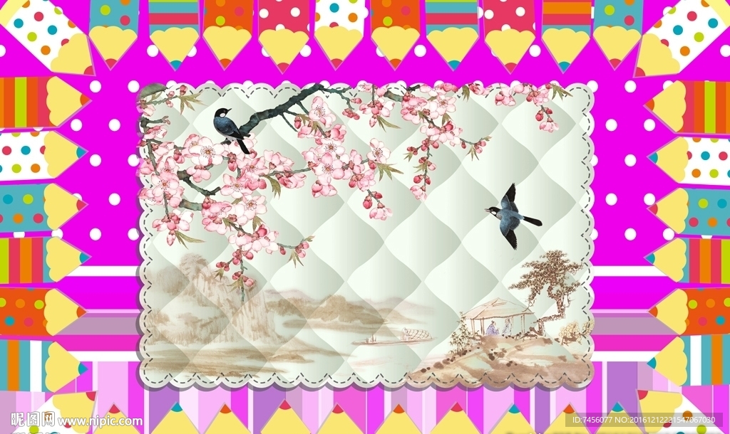 兰花花鸟时尚水墨立体背景墙