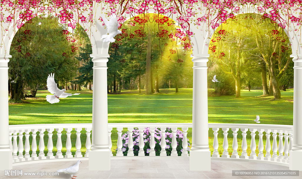 3D罗马柱树林风景背景墙