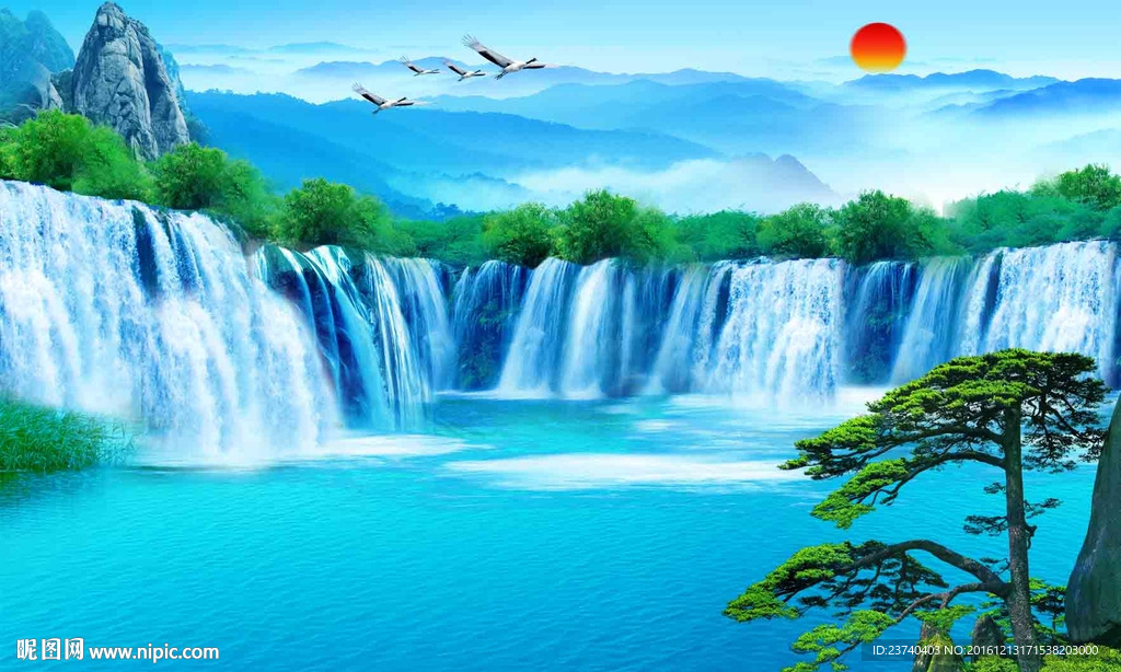 山水风景迎客松电视背景墙图片