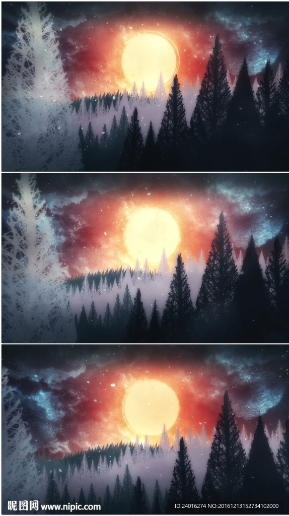 冬季下雪森林太阳升起动画