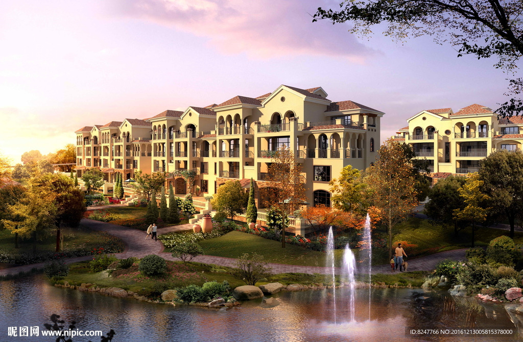 双拼别墅后花园景观黄昏图