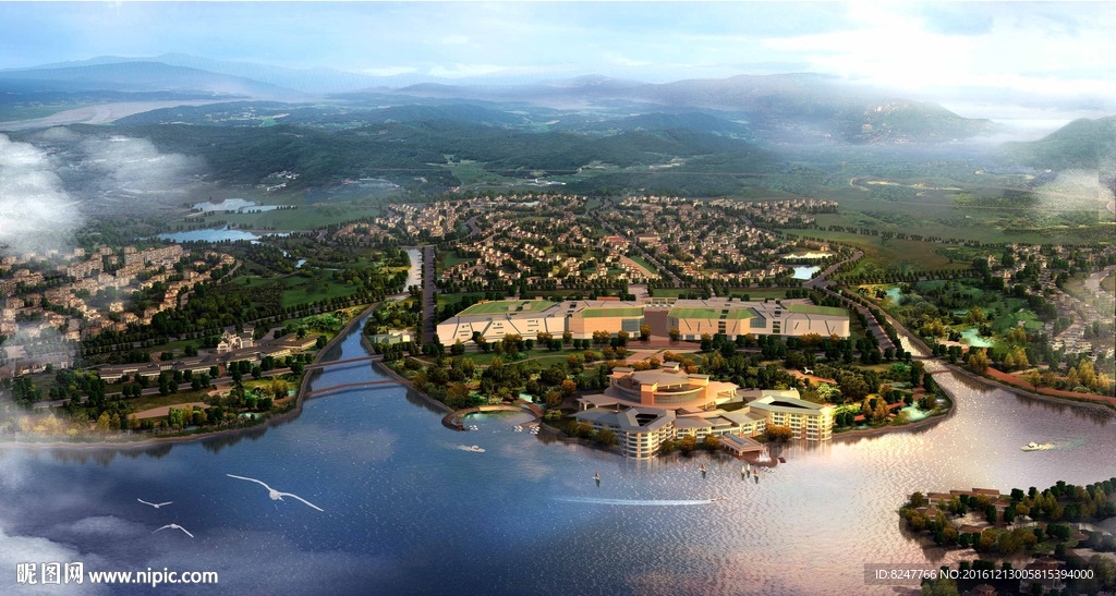 海边新城区别墅区鸟瞰黄昏图