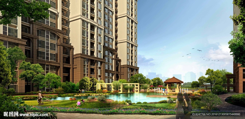 高层小区后花园水池凉亭景观效果