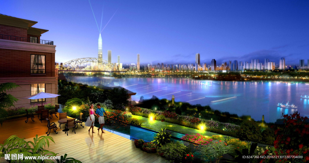 江边别墅夜景景观效果图