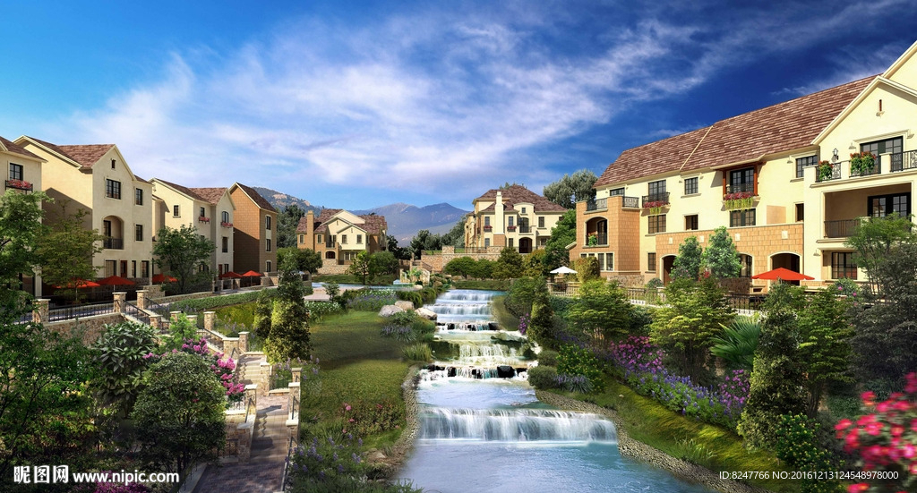 别墅小桥流水景观风景建筑效果图