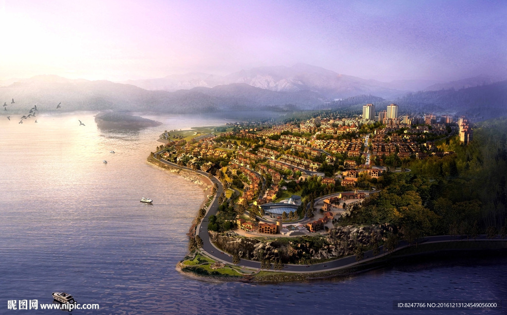 黄昏别墅群海景房鸟瞰建筑效果图