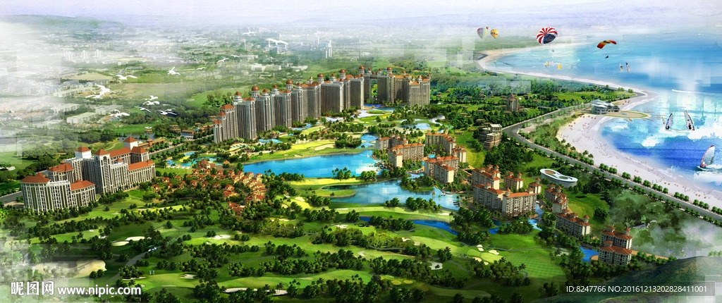 海边别墅高层住宅区鸟瞰建筑效果