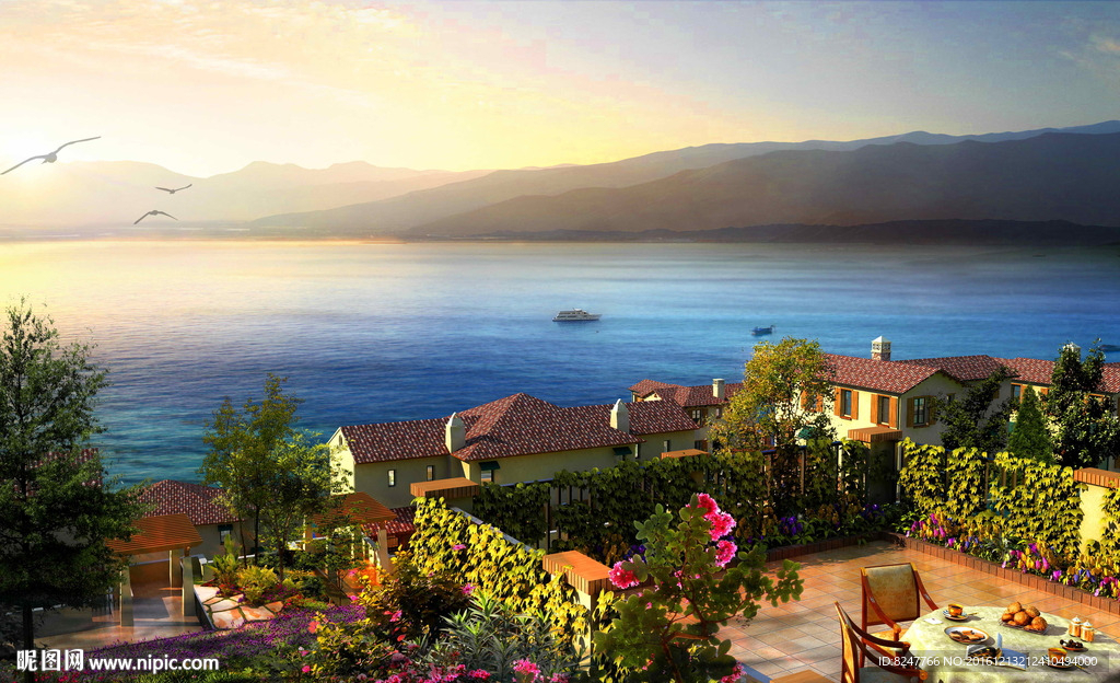 海边别墅后花园海景房黄昏图