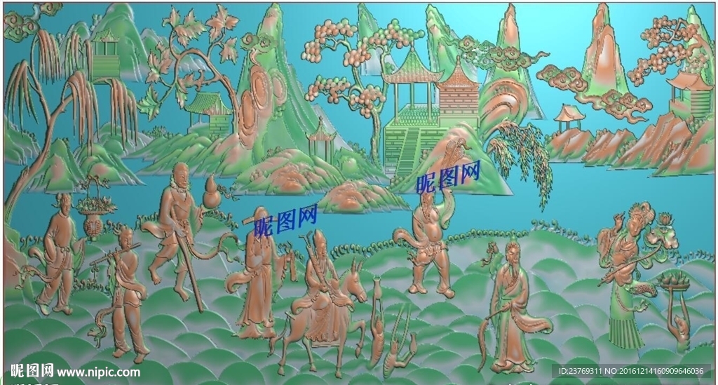 八仙过海山水风景精雕浮雕灰度