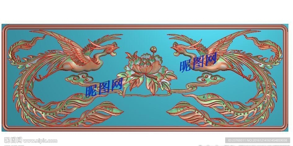 双凤凰牡丹祥云边框精雕浮雕灰度