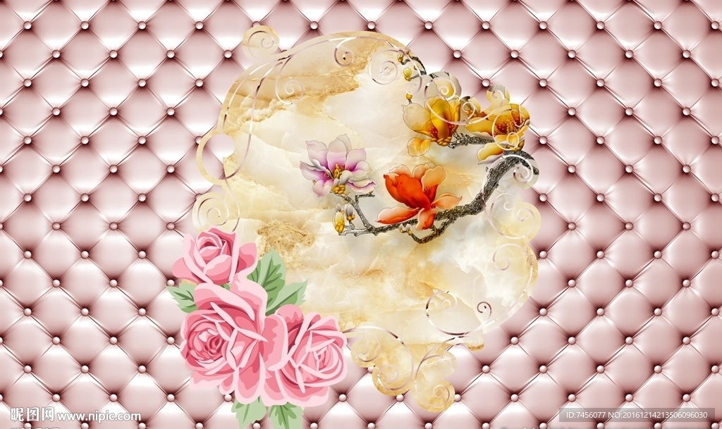 软包大理石兰花玫瑰花背景墙