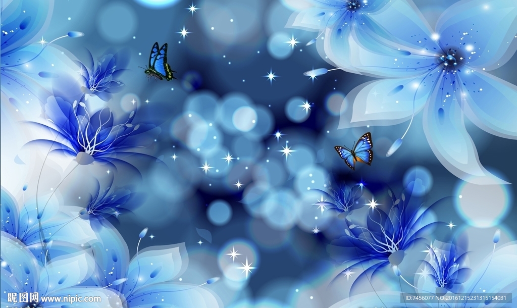 梦幻蓝色唯美花卉背景墙