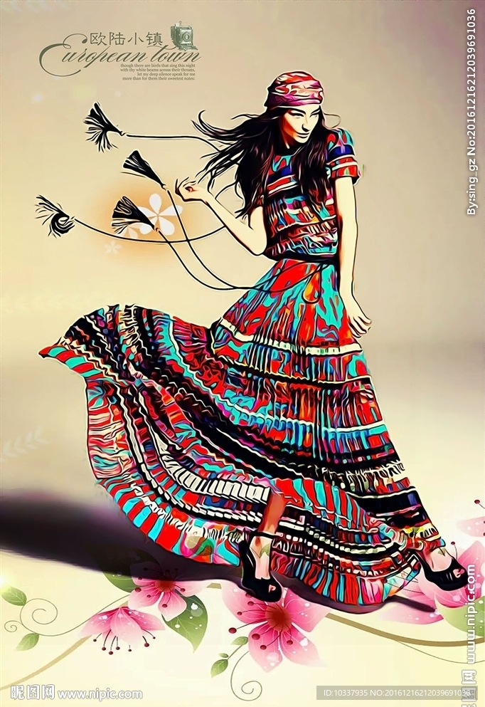 花裙少女插画分层图片