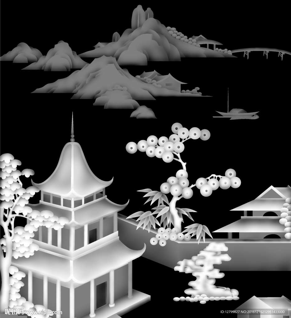山水灰度图