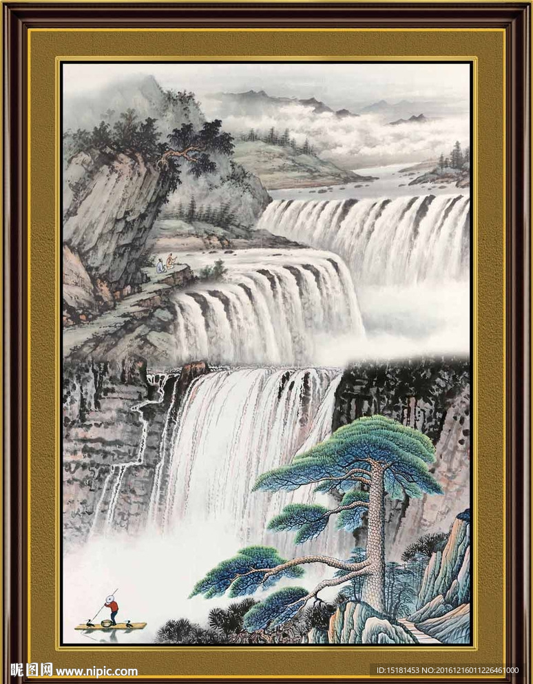 瀑布国画迎客松