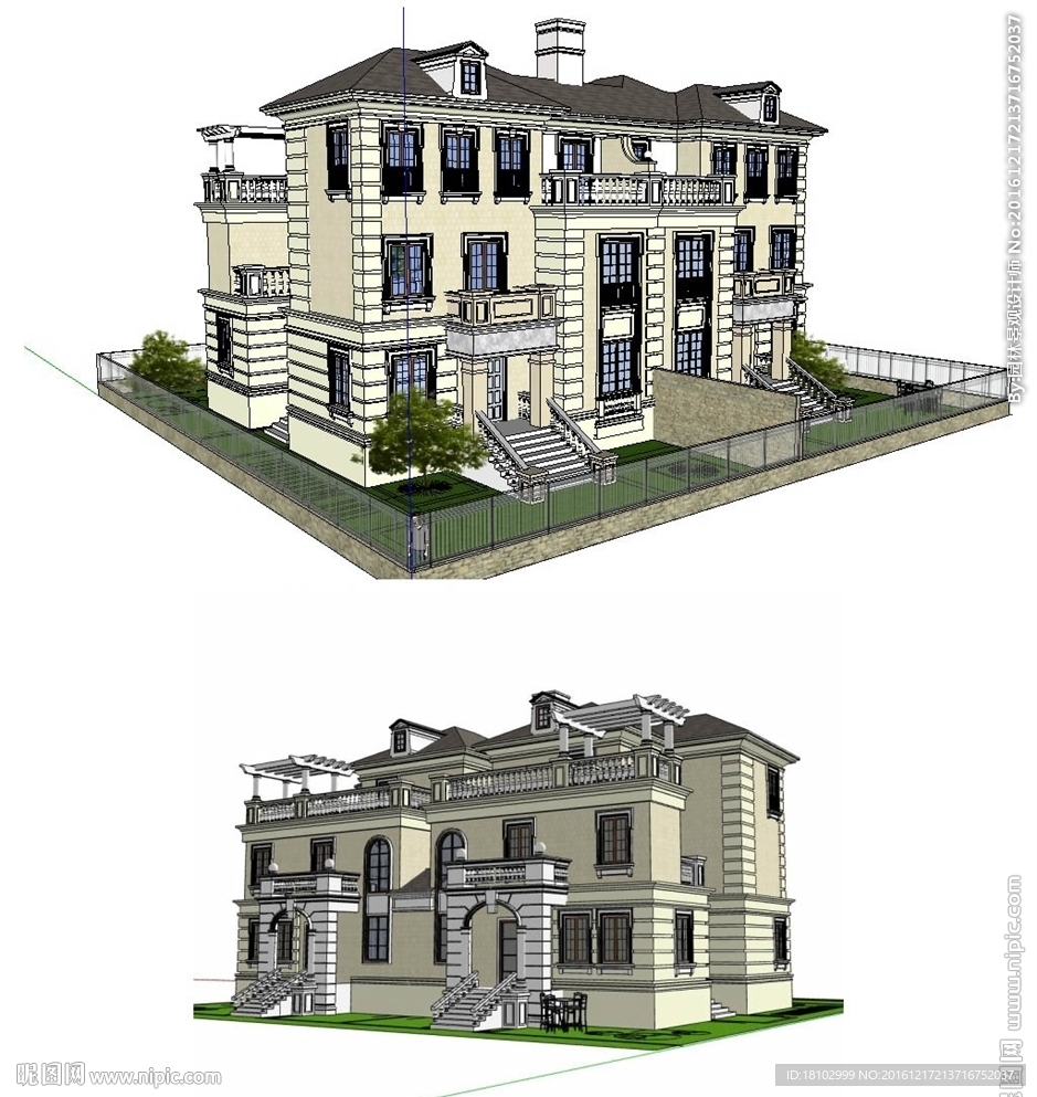 法式双拼别墅建筑草图大师模型