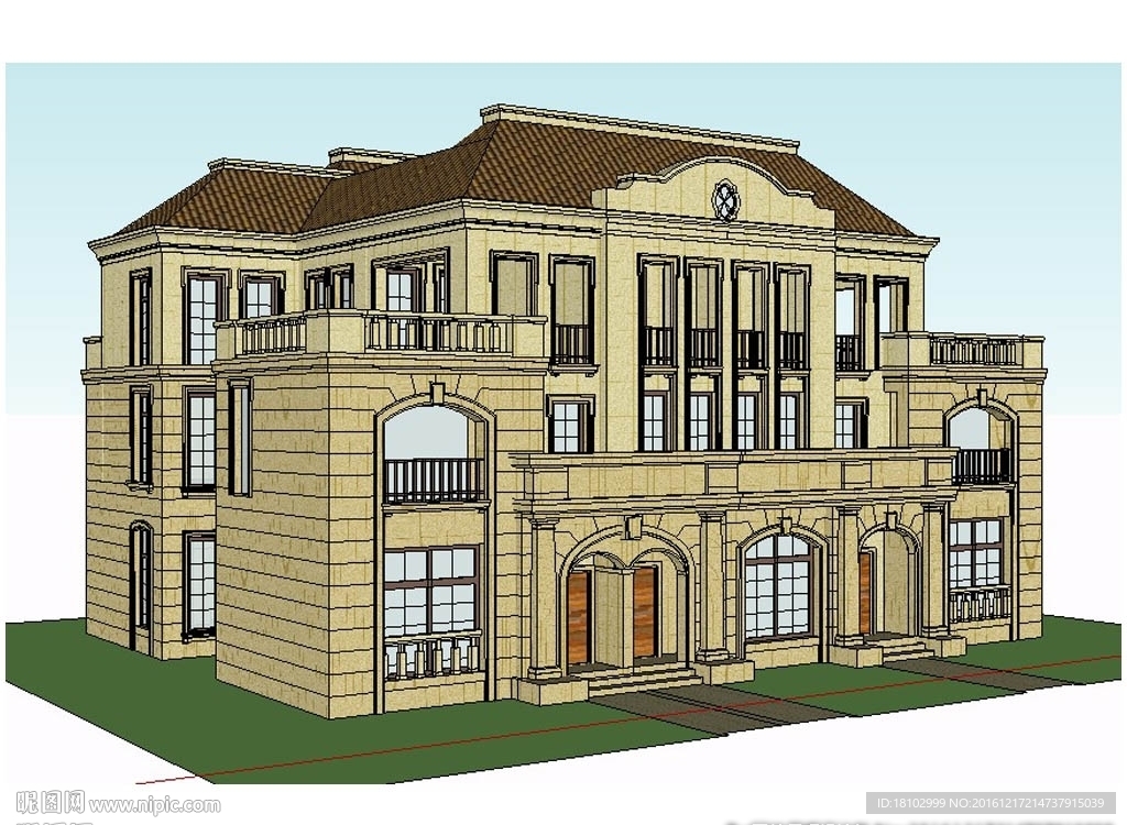 法式三联建筑草图大师SU模型