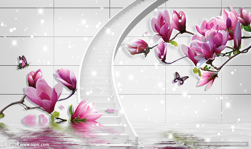 3D楼梯水中玉兰花背景墙