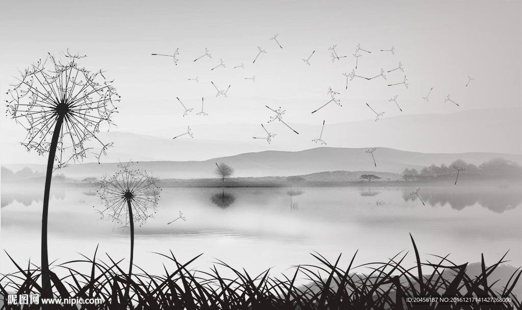 简约水墨蒲公英背景墙