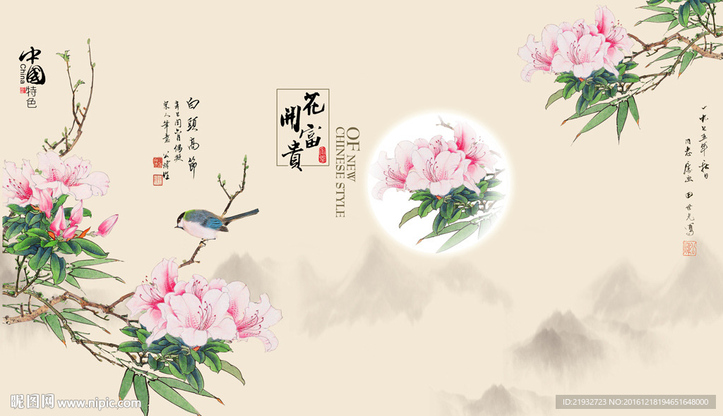 花开富贵牡丹花鸟图片