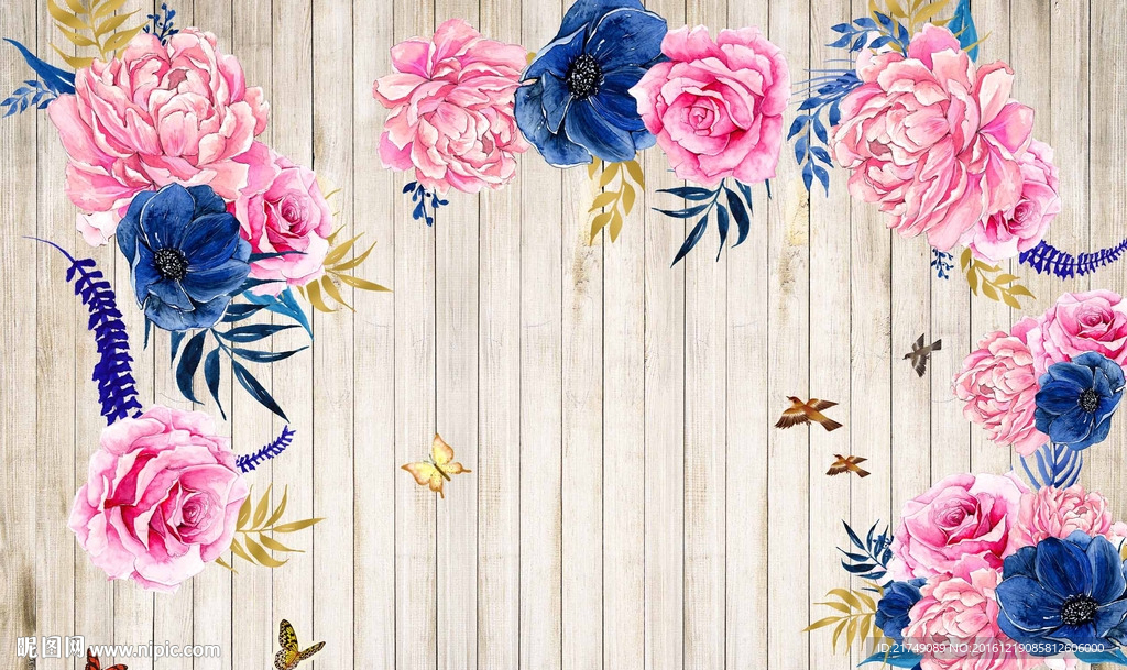 手绘木纹花开富贵