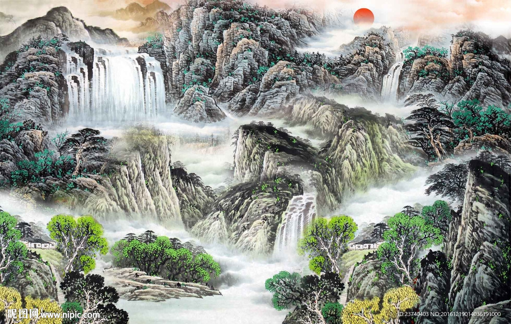 山水国画电视背景墙