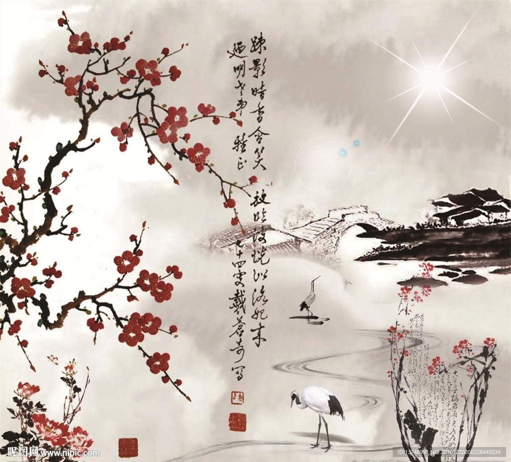 国画 山水画 水墨画 桥 仙鹤