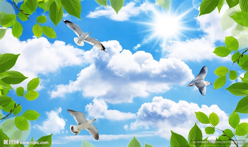 3D蓝天白云树叶吊顶