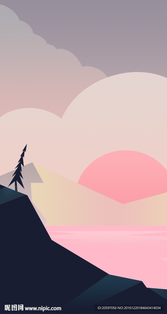 手绘卡通夕阳风景H5背景