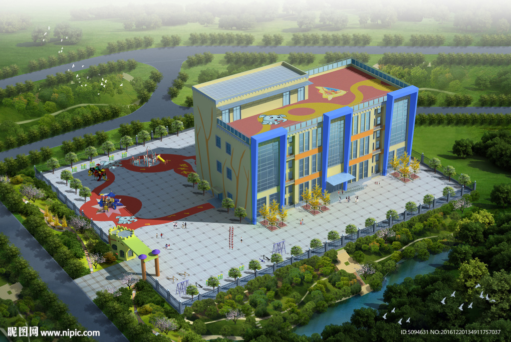 幼儿园外观鸟瞰效果图
