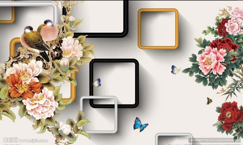 牡丹花花鸟时尚立体背景墙