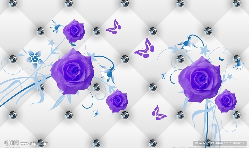 蝶恋紫色玫瑰花软包立体背景墙