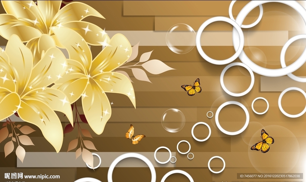 金色花瓣唯美蝴蝶立体圈圈背景墙