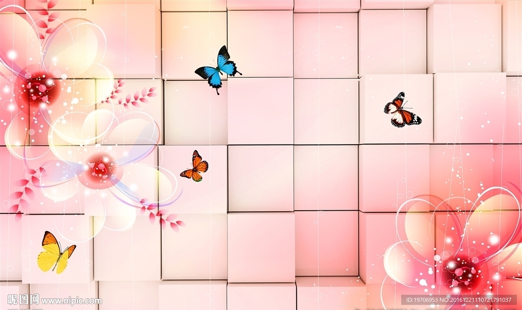 3D立体方格抽象花卉电视背景