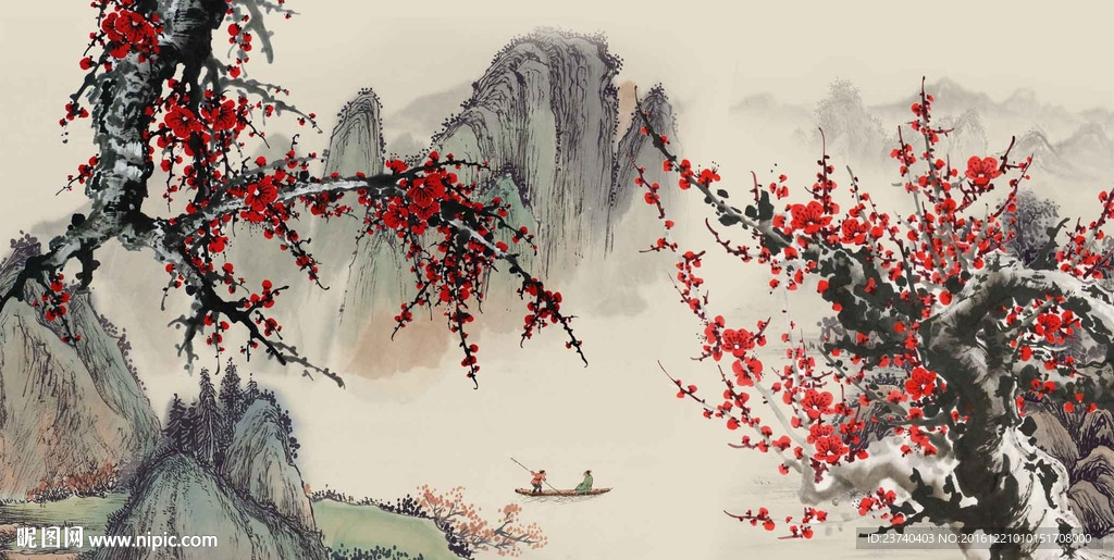 国画梅花电视背景墙