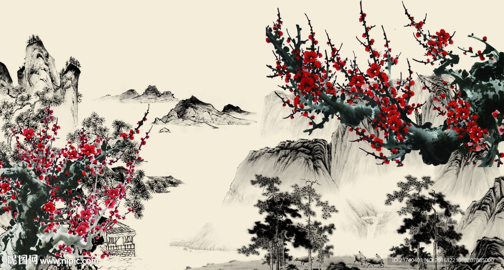 国画梅花背景墙