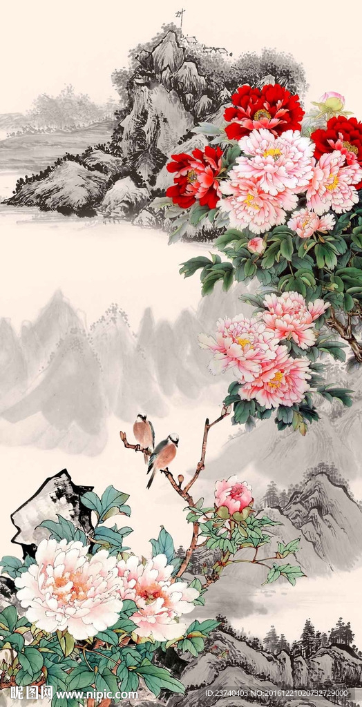 国画牡丹玄关背景墙