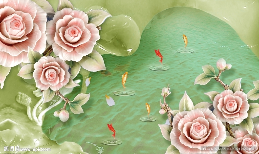 游鱼玉石牡丹花立体背景墙