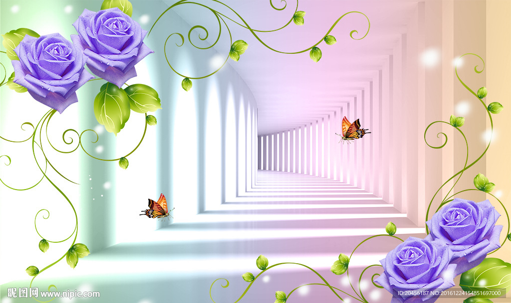 3D立体紫色玫瑰背景墙