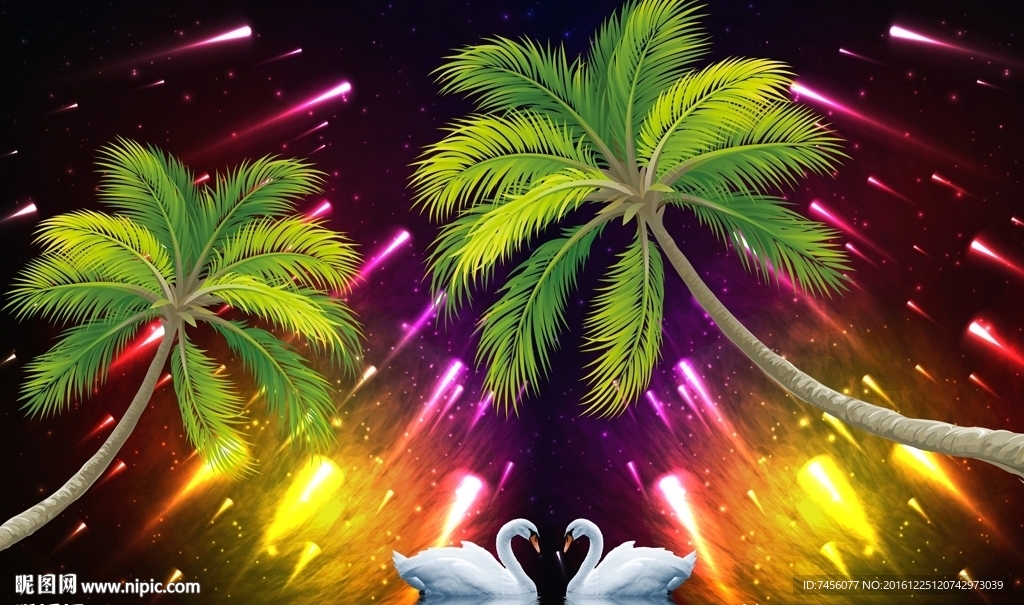 椰树流行雨天鹅湖背景墙