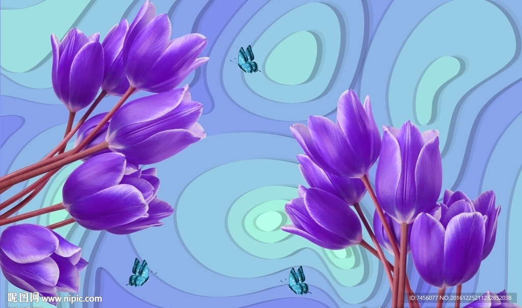 蝶恋花紫色百合花立体背景墙