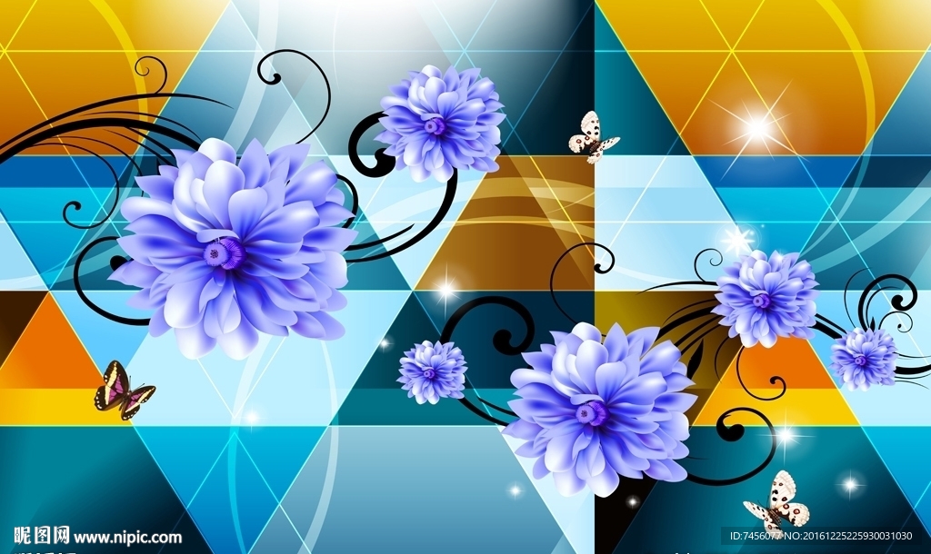 蝶恋花紫色花卉三角拼图背景墙