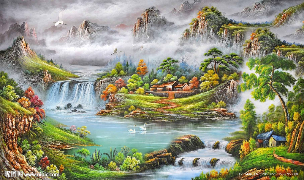 风景油画电视背景墙