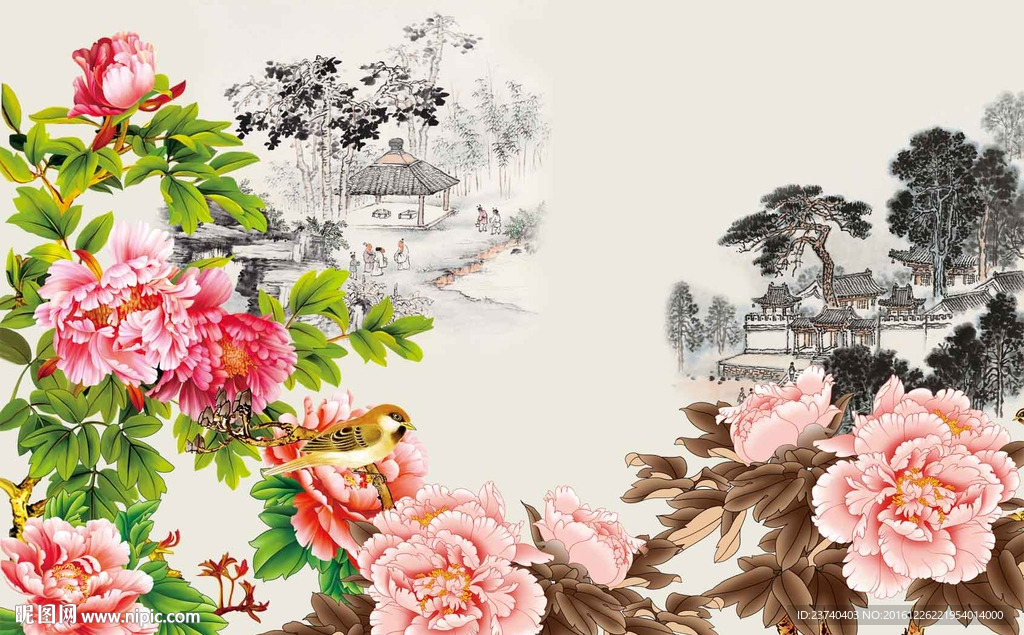 国画牡丹背景墙