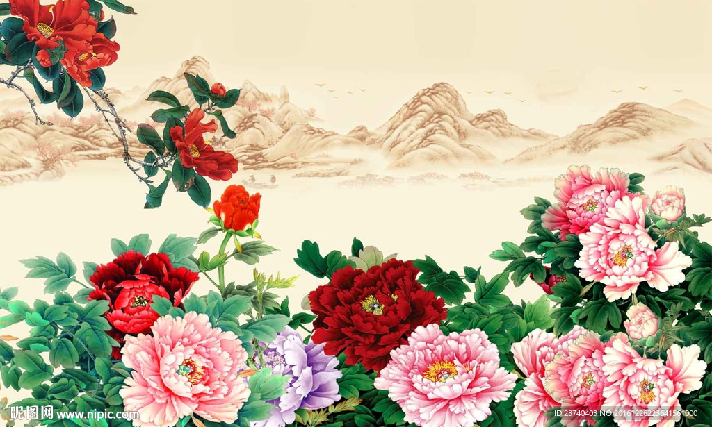 花开富贵电视背景墙