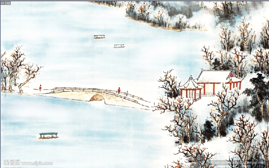 雪景 国画 小屋 小桥