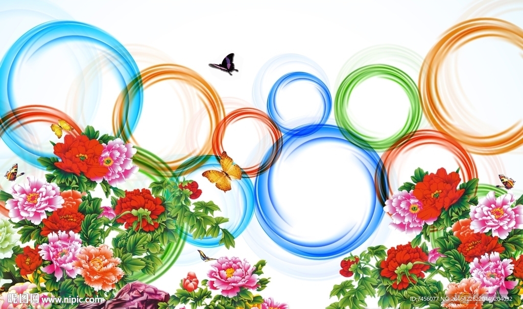 彩色圆环线圈牡丹花背景墙