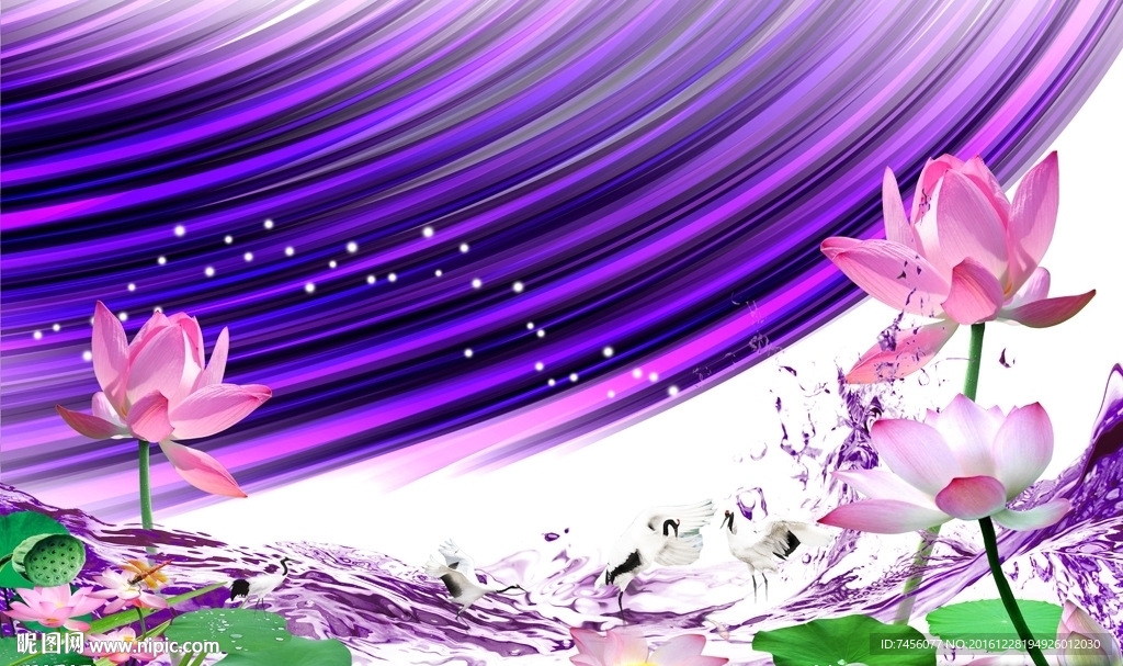莲花仙鹤紫色流水背景墙